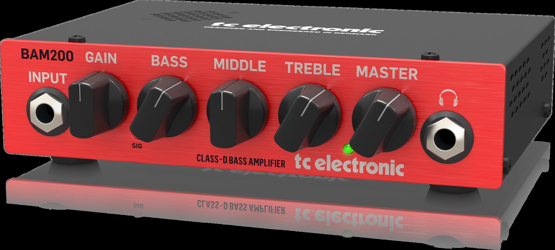 TC Electronic BAM200 bass amplifier head, compact 200-watt bass amp with control knobs and input jack, ideal for bass guitar setups.
