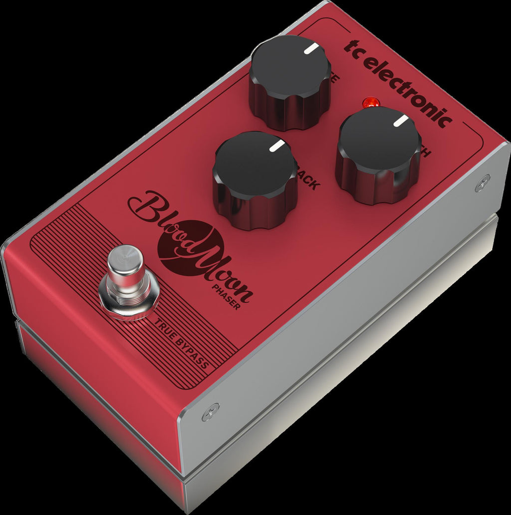 TC Electronic Blood Moon vintage-style phaser effects pedal, showing controls and sleek black design with footswitch.