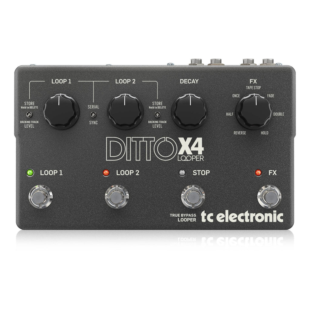 TC Electronic Ditto X4 dual track looper guitar effects pedal with 7 loop effects, featuring multiple footswitches and input jacks