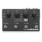 TC Electronic Ditto X4 dual track looper guitar effects pedal with 7 loop effects, featuring multiple footswitches and input jacks