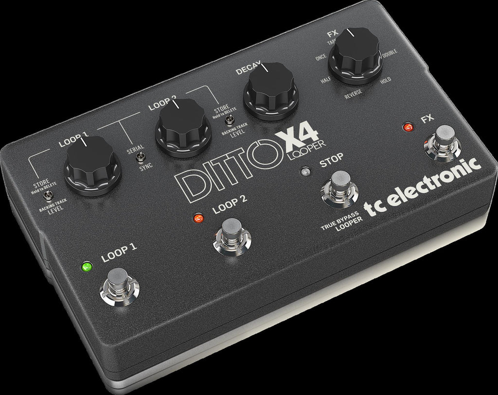 TC Electronic Ditto X4 dual track looper guitar effects pedal with 7 loop effects, featuring multiple footswitches and control knobs.
