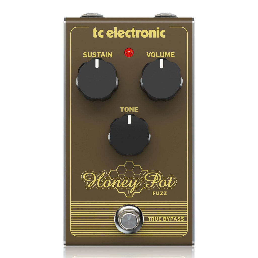 TC Electronic Honey-Pot vintage-flavored fuzz effects pedal with control knobs and input/output jacks, designed for guitar effects.