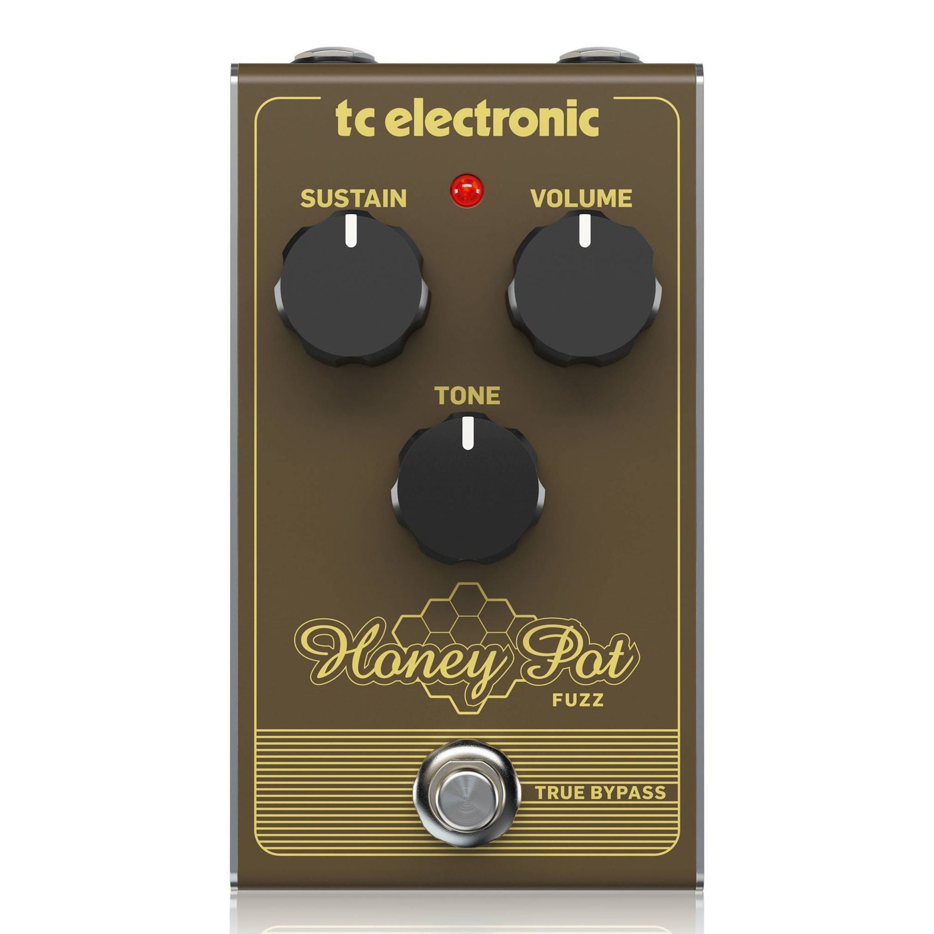 TC Electronic Honey-Pot vintage-flavored fuzz effects pedal with control knobs and input/output jacks, designed for guitar effects.