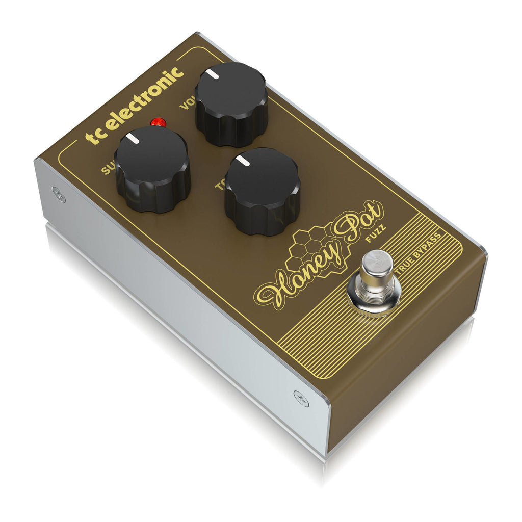 TC Electronic Honey-Pot vintage-flavored fuzz effects pedal with control knobs and input/output jacks, designed for guitar effects.