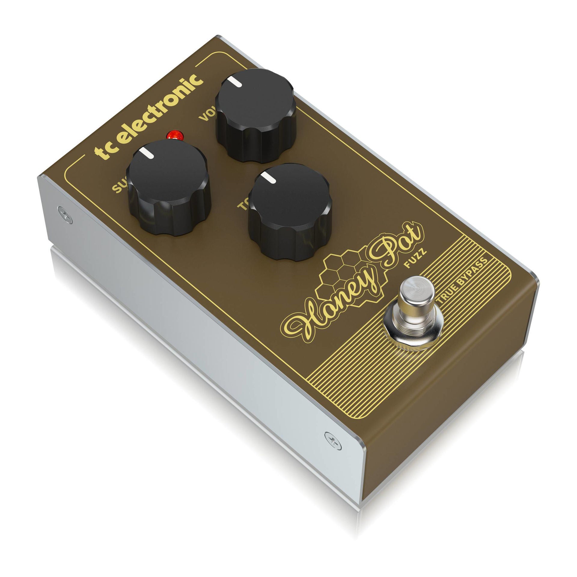 TC Electronic Honey-Pot vintage-flavored fuzz effects pedal with control knobs and input/output jacks, designed for guitar effects.