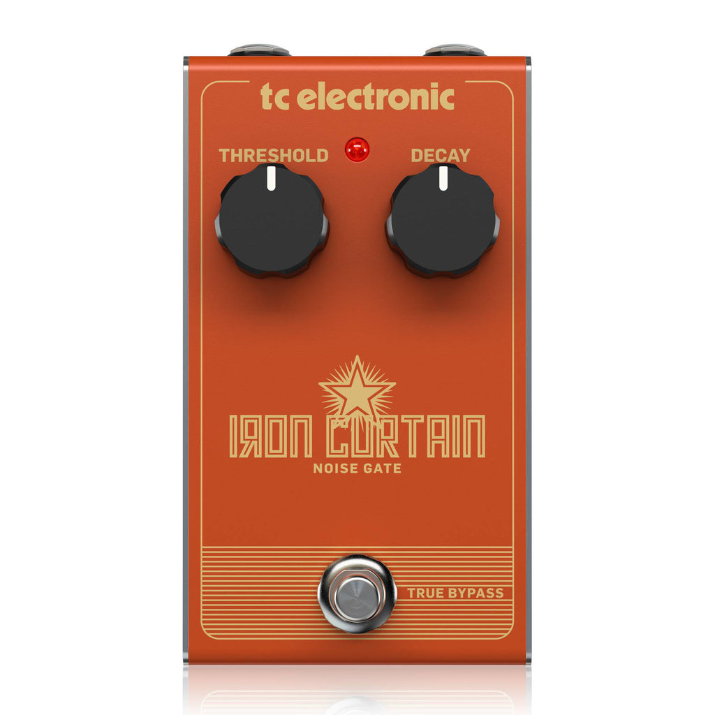 TC Electronic Iron Curtain noise gate guitar effects pedal with control knobs and input/output jacks on a pedalboard.