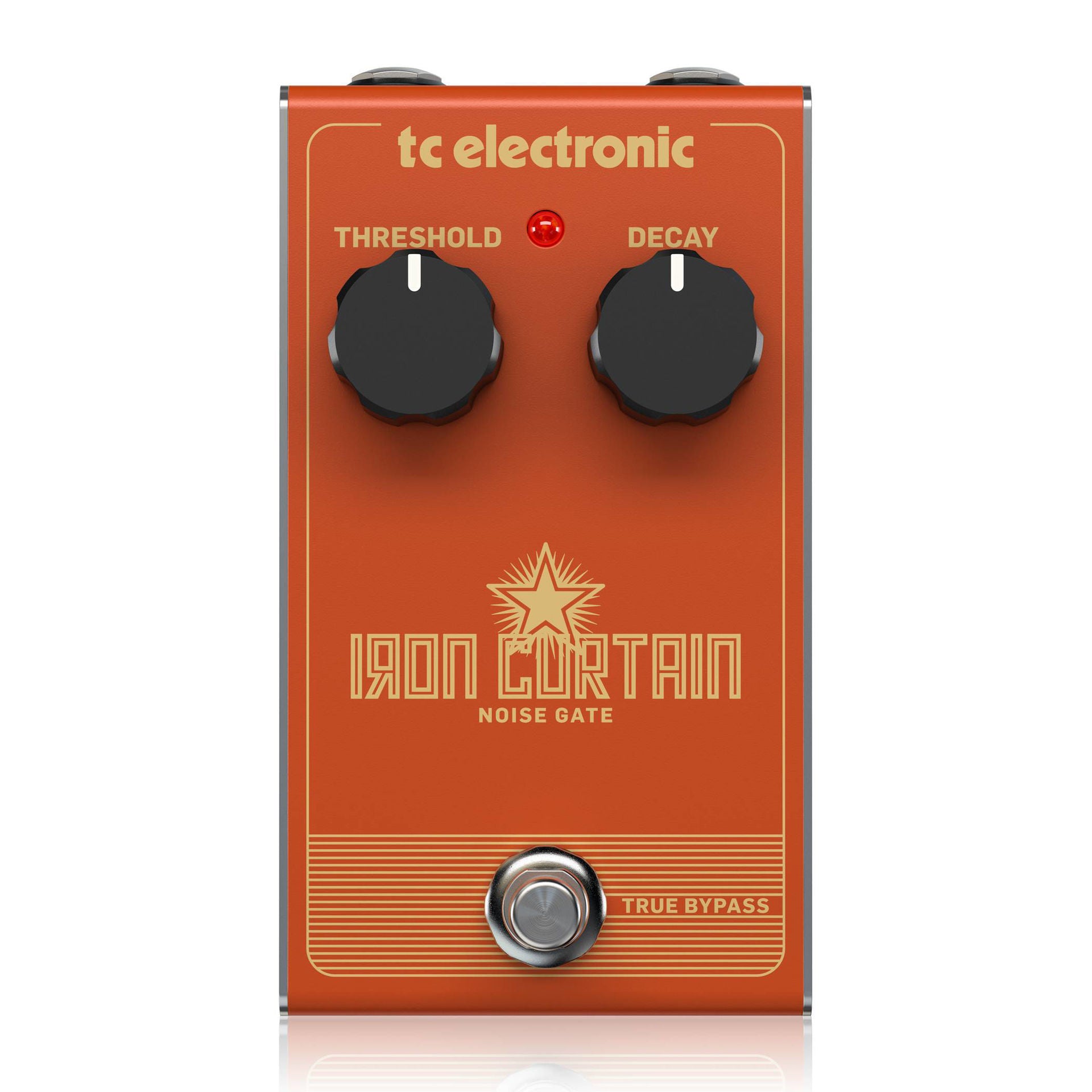 TC Electronic Iron Curtain noise gate guitar effects pedal with control knobs and input/output jacks on a pedalboard.