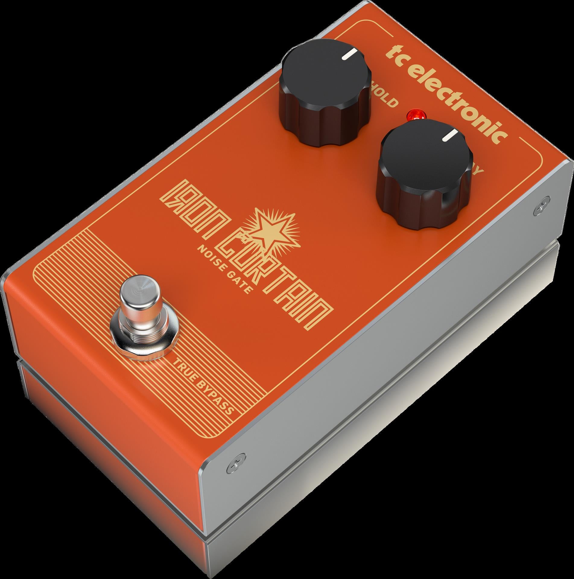 TC Electronic Iron Curtain noise gate guitar effects pedal with control knobs and input/output jacks, used for reducing guitar hum.