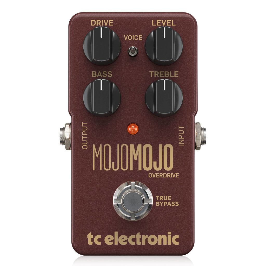TC Electronic MojoMojo overdrive effects pedal with guitar input and control knobs, compact electric guitar effects pedal.