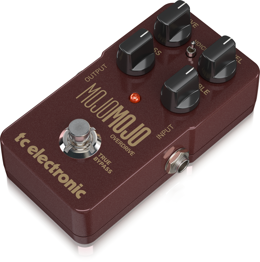 TC Electronic MojoMojo overdrive effects pedal with footswitch and control knobs for guitar tone shaping, black metal casing.