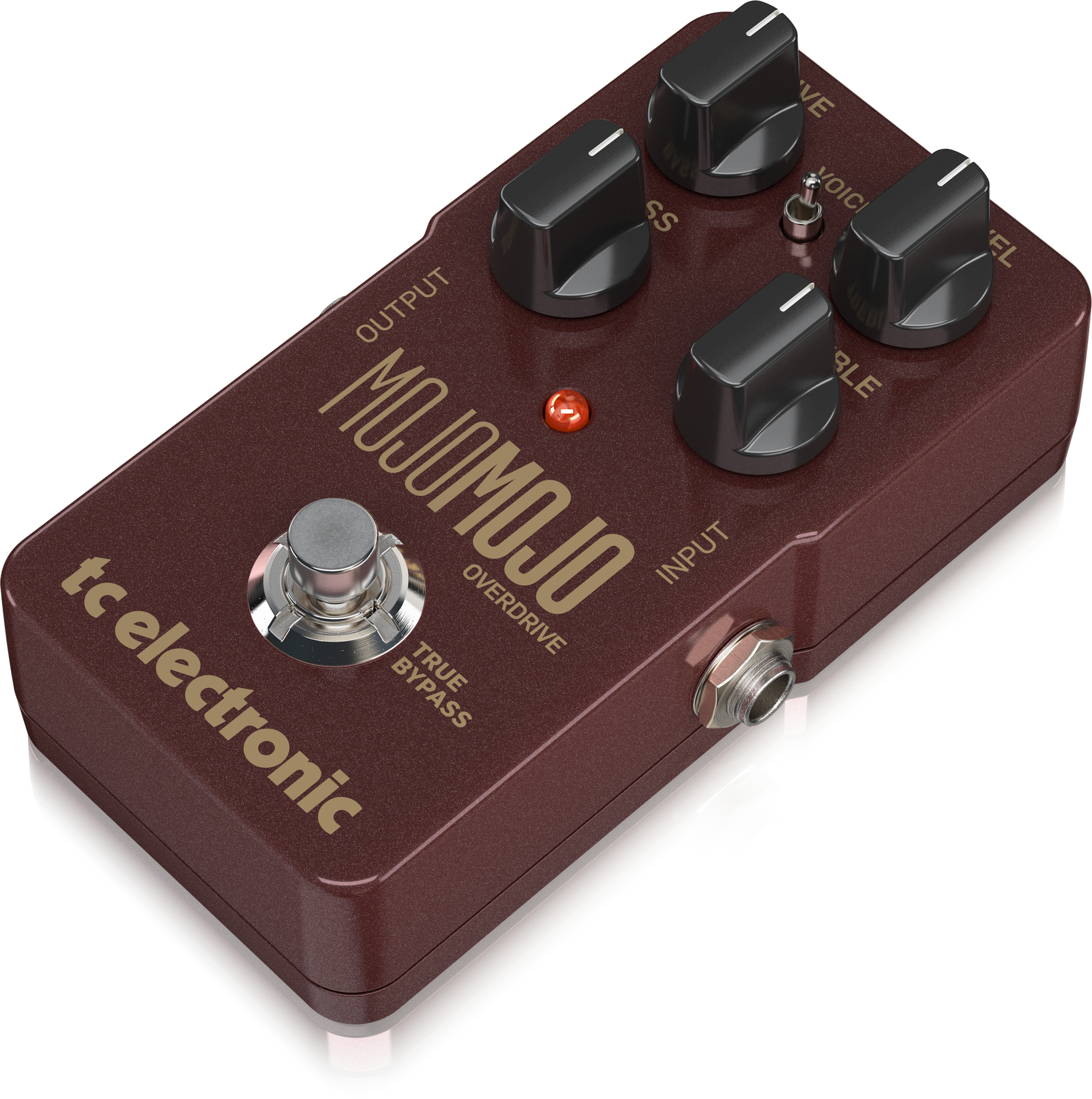 TC Electronic MojoMojo overdrive effects pedal with footswitch and control knobs for guitar tone shaping, black metal casing.