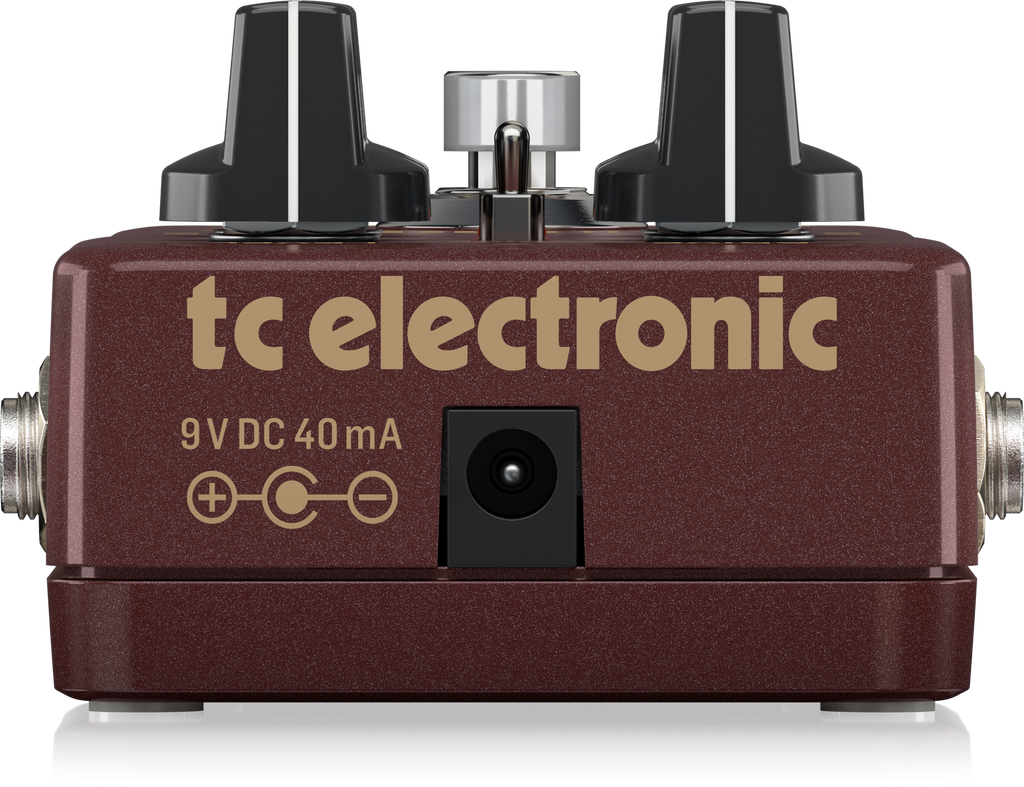 TC Electronic MojoMojo overdrive effects pedal with control knobs and input/output jacks, designed for guitar effects.