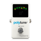 TC Electronic Polytune 3 guitar and bass tuner effect pedal showing its display with colorful tuning indicators and controls.