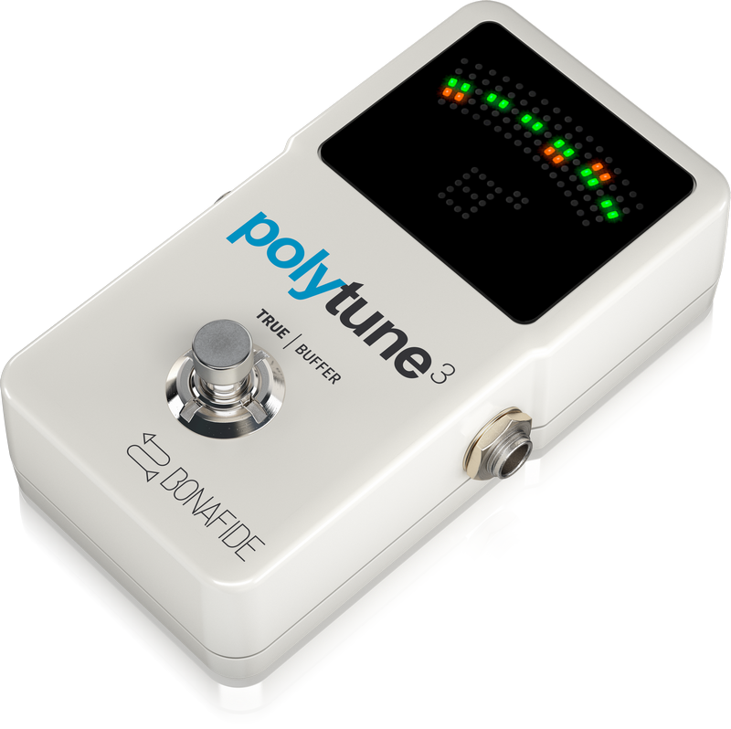 TC Electronic Polytune 3 guitar and bass tuner pedal showing its display and controls for polyphonic and chromatic tuning.