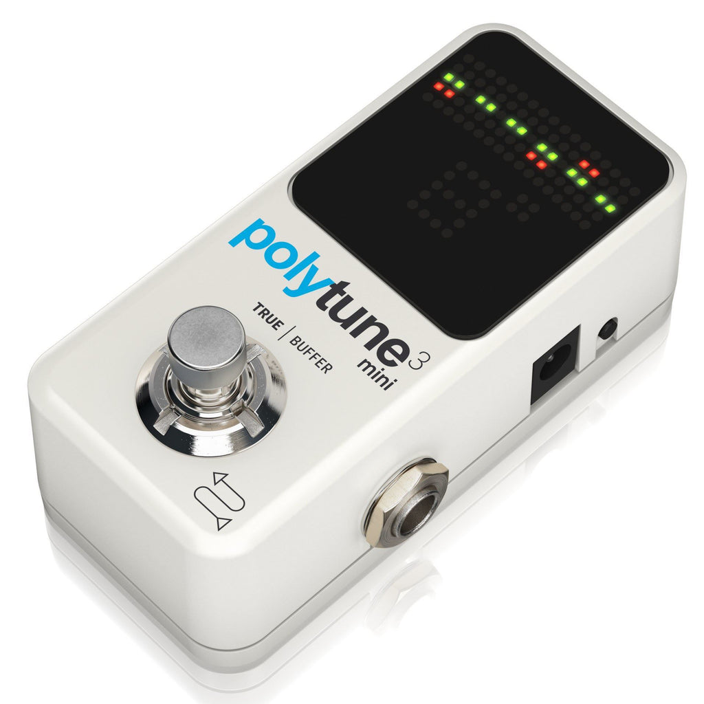 TC Electronic Polytune 3 Mini polyphonic tuner pedal showing its LED display and compact design for guitar and bass tuning.