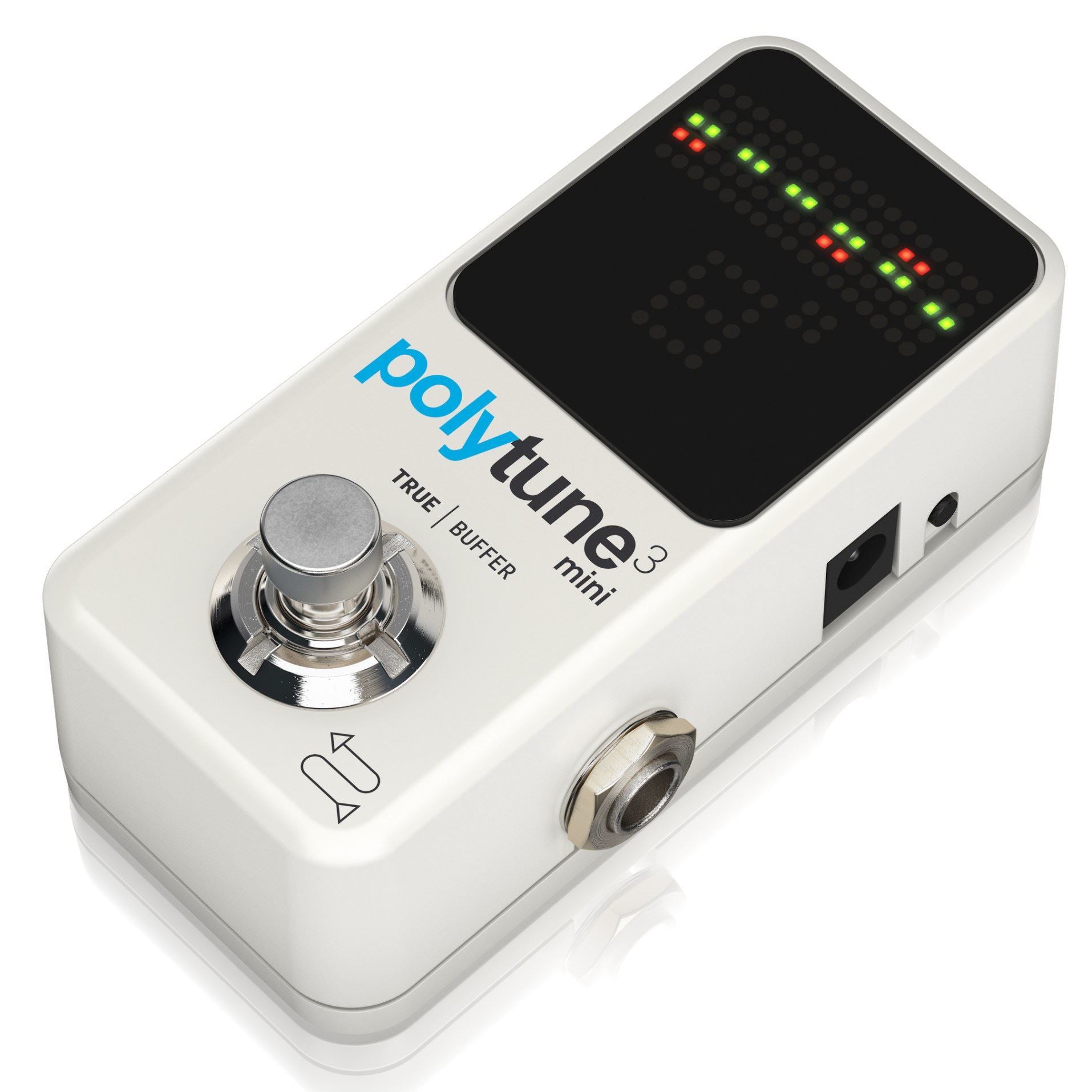 TC Electronic Polytune 3 Mini polyphonic tuner pedal showing its LED display and compact design for guitar and bass tuning.