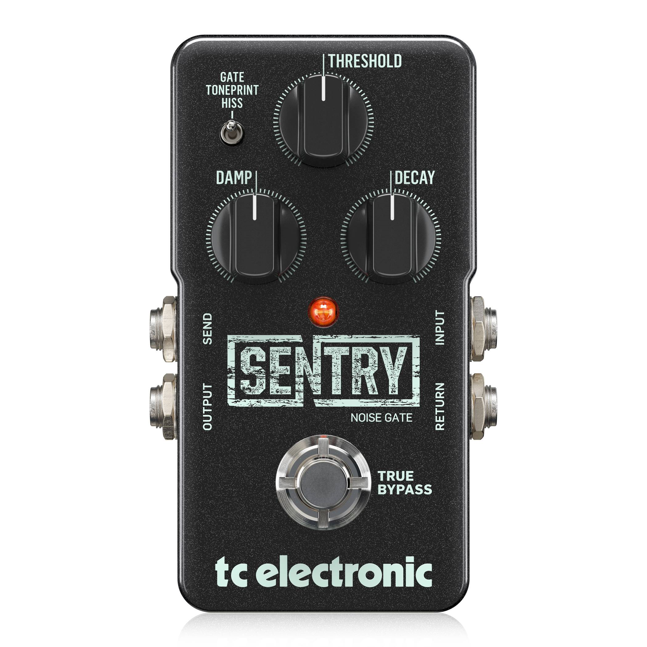 TC Electronic Sentry-NG noise gate effects pedal with controls and input/output jacks on a black pedalboard.