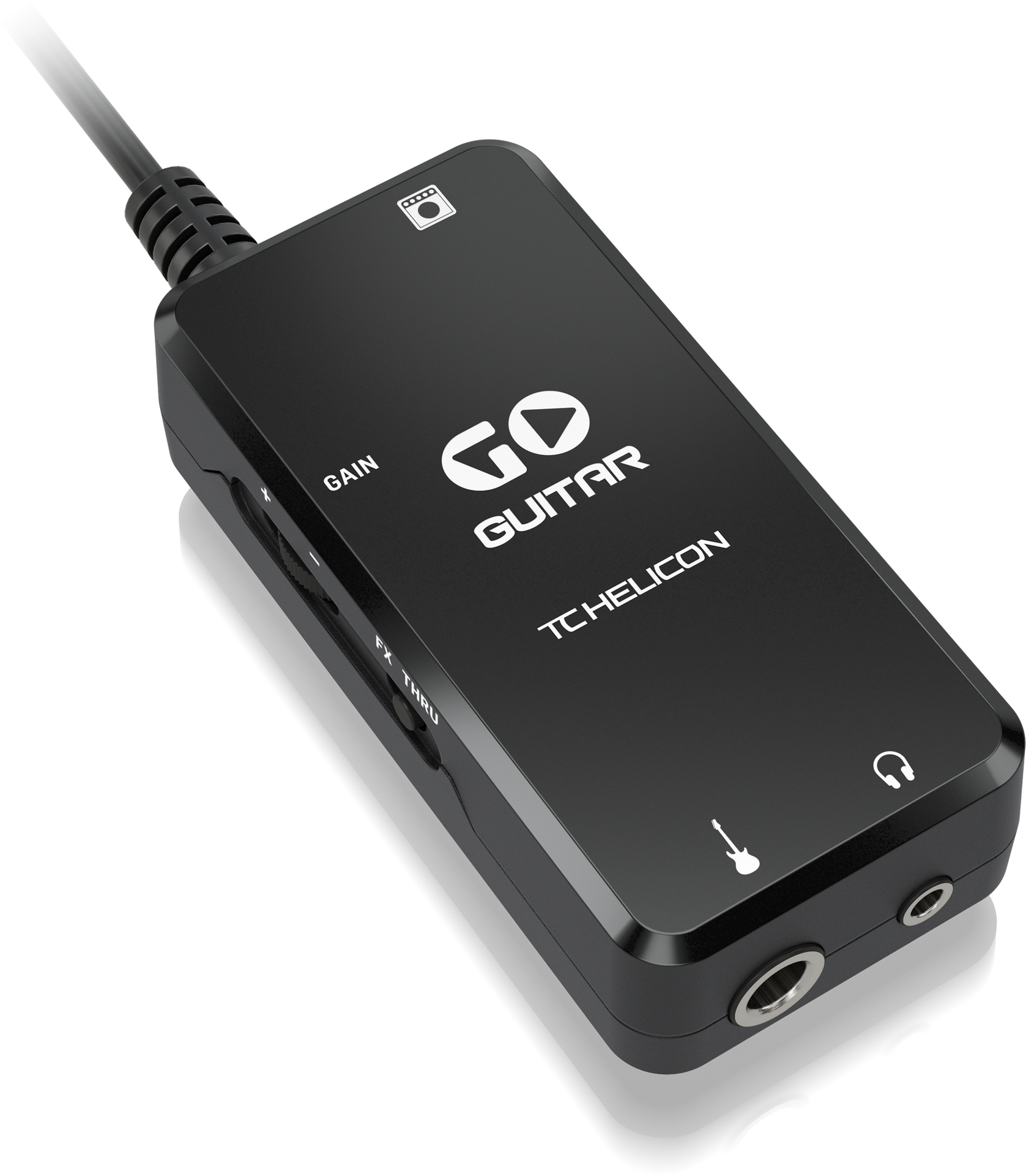 TC Electronic Go-Guitar portable guitar interface connected to a mobile device, compact audio interface for mobile guitar recording.
