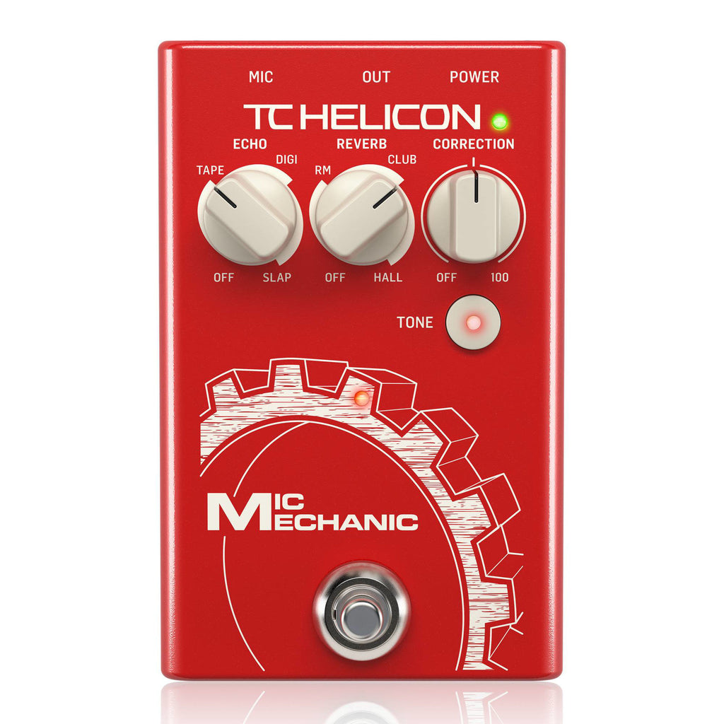 TC Helicon Mic-Mechanic 2 vocal effects guitar pedal with various controls and input/output jacks, by TC Electronic.