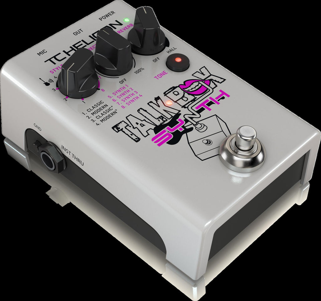 TC Helicon Talkbox Synth effects pedal for guitar, featuring a compact design with control knobs and input/output jacks.