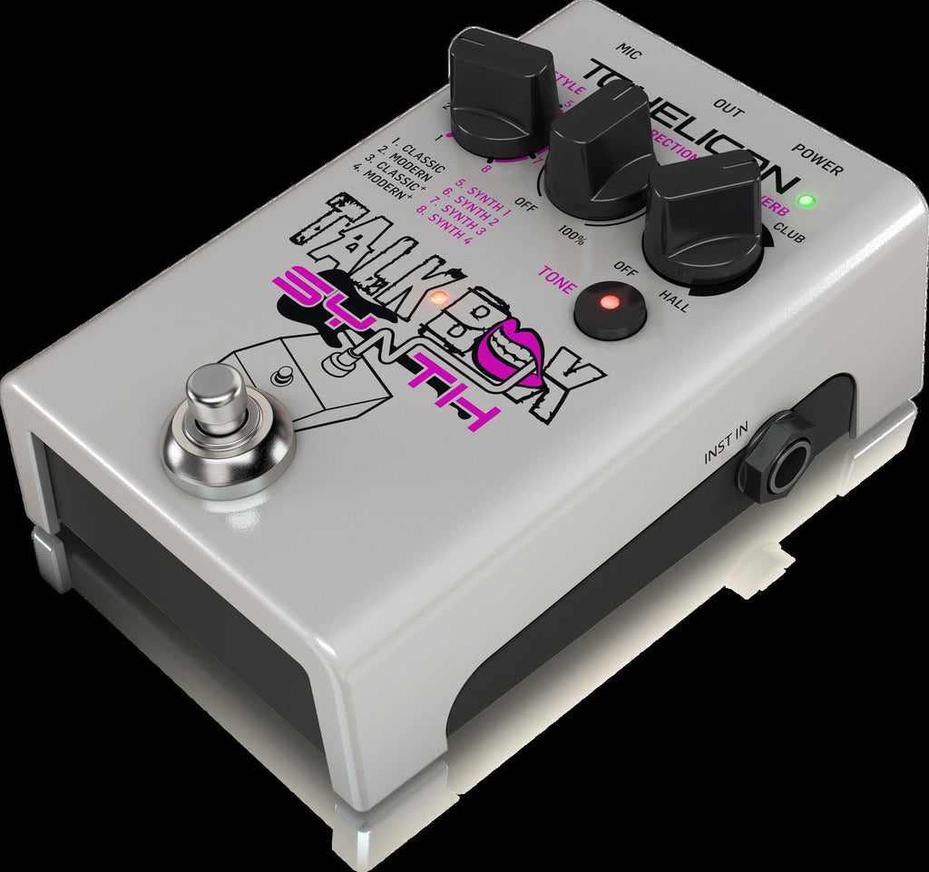 TC Helicon Talkbox Synth voice transformer guitar effects pedal, showing controls and connection ports on a sleek black unit.