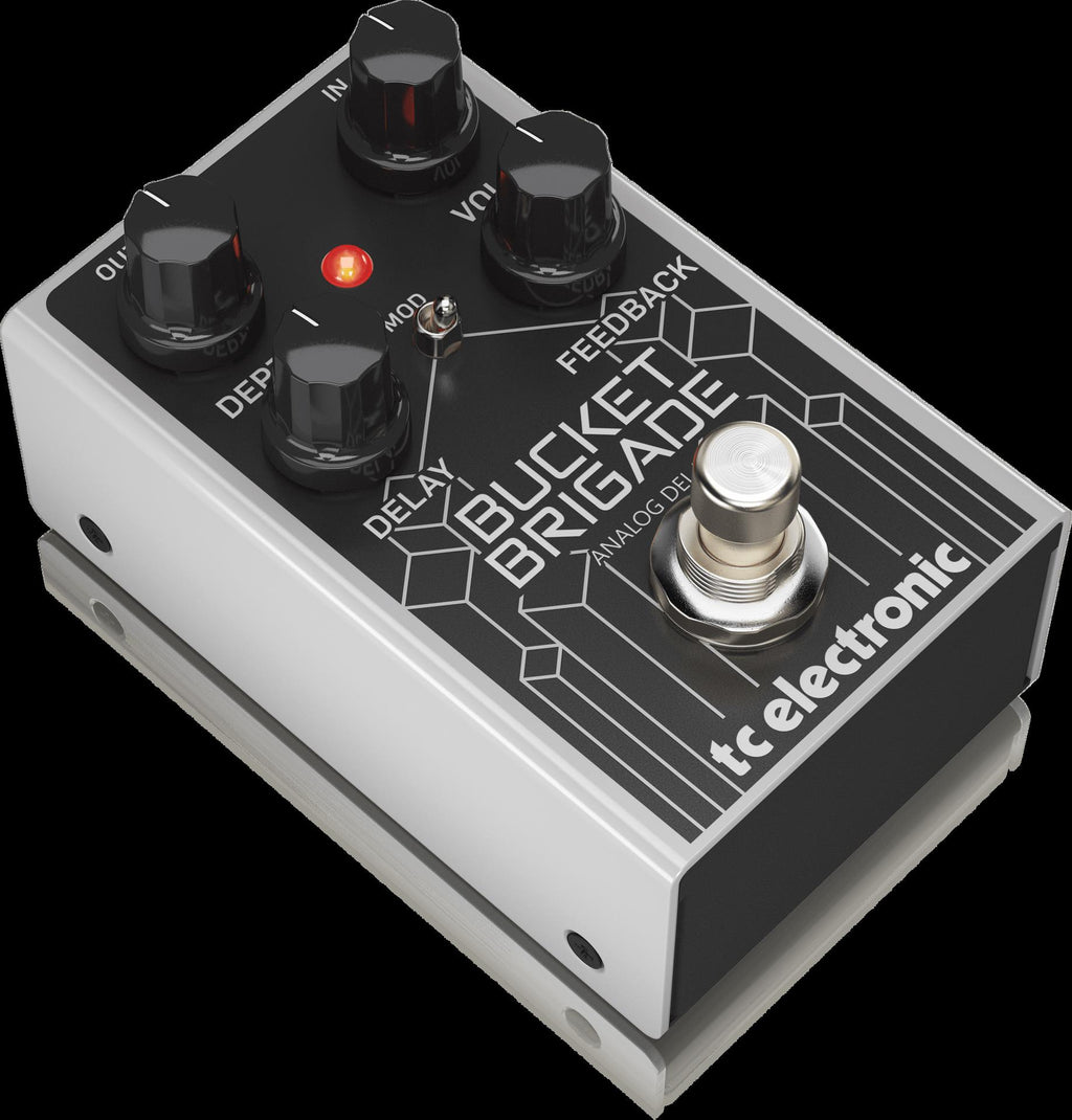TC Electronic Bucket Brigade analog delay guitar effects pedal with control knobs and footswitch, showcasing its compact design and input jacks.