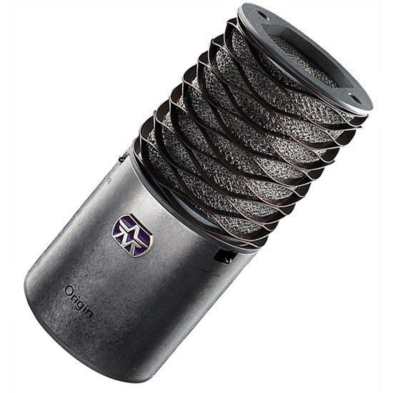 Aston Microphones Origin cardioid condenser studio microphone with black body and silver grille for professional recording.