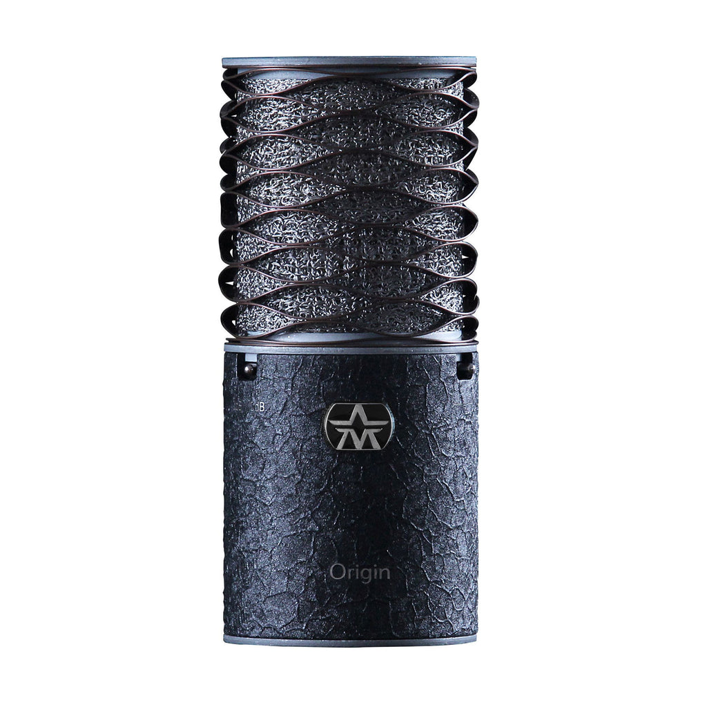 Aston Microphones Origin Black Limited Edition cardioid condenser microphone with accessories in a studio setup.