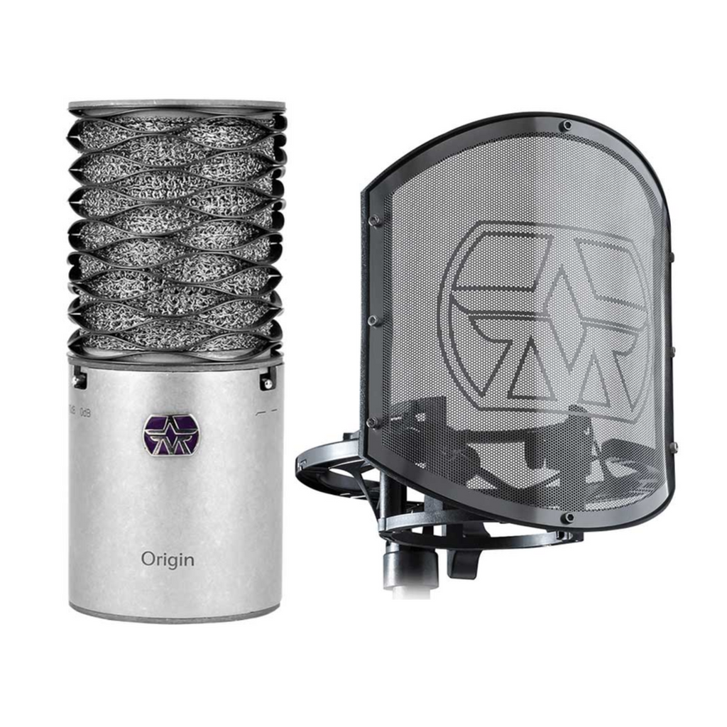 Aston Microphones Origin Silver Bundle featuring a microphone, shock mount, and pop filter on a studio desk.