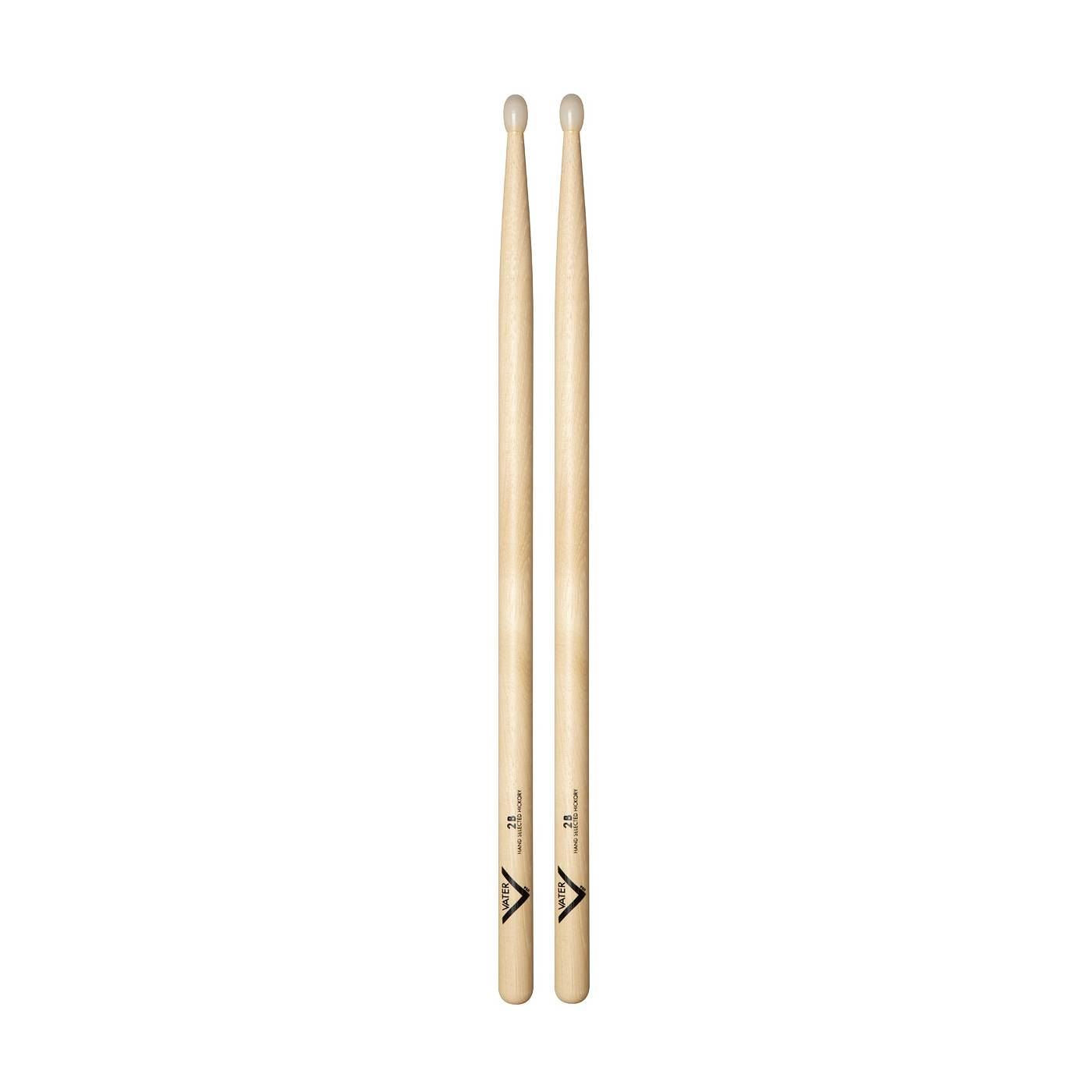 Vater VH2BN 2B nylon tip American Hickory drumsticks showing the wood grain and nylon-tipped ends for durability and bright sound.