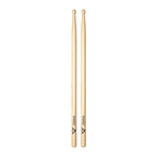 Vater VH3AW 3A American Hickory wood drumsticks with natural finish, designed for drummers, showing the tapered tip and grip.