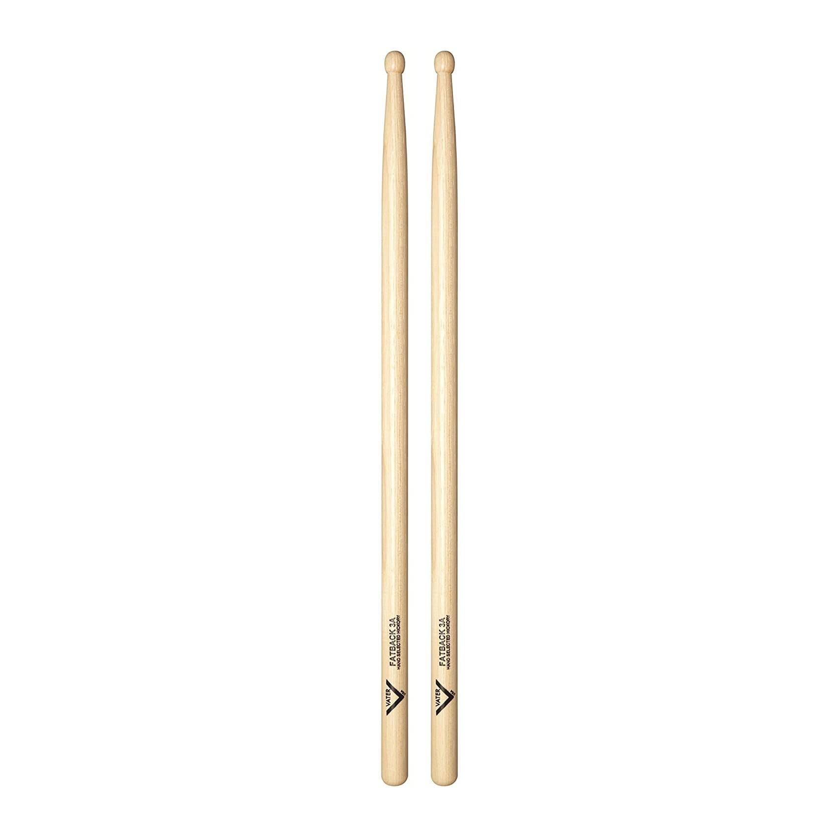 Vater VH3AW 3A American Hickory wood drumsticks with natural finish, designed for drummers, showing the tapered tip and grip.