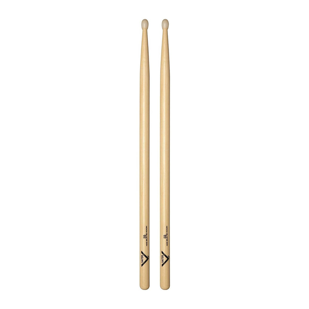 Vater VH5BN 5B nylon tip American Hickory drumsticks for drummers, showing the sticks with nylon tips and hickory wood finish.