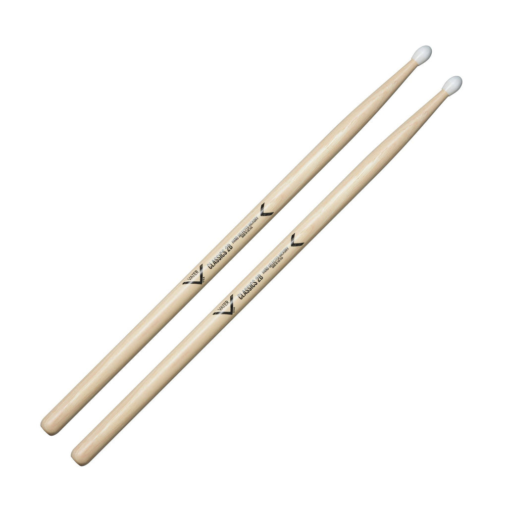 Vater VHC2BN Classics 2B drumsticks with nylon tips, showing their length and wood construction for drumming.