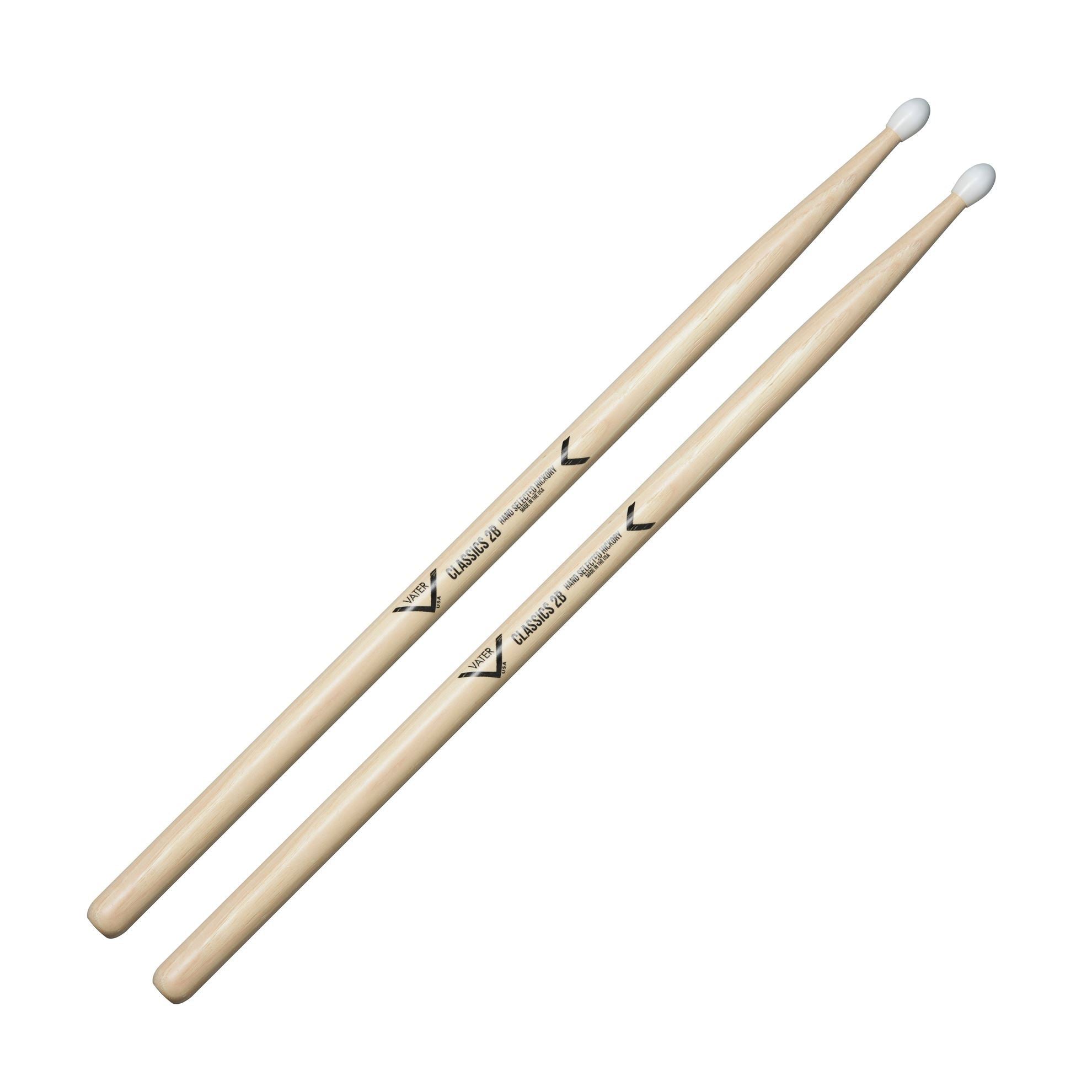 Vater VHC2BN Classics 2B drumsticks with nylon tips, showing their length and wood construction for drumming.