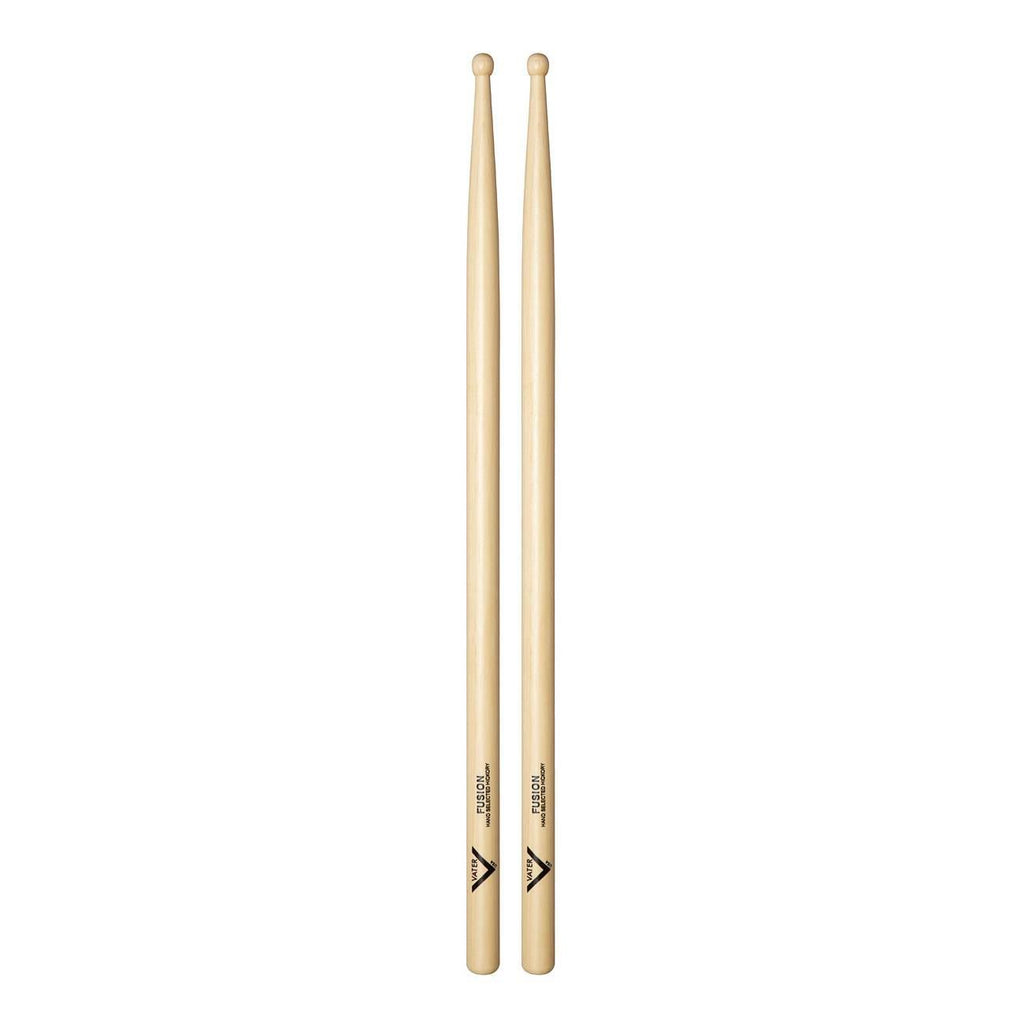 Vater VHFW Fusion wood tip American Hickory drumsticks with natural wood finish and drumstick tips for percussion playing.