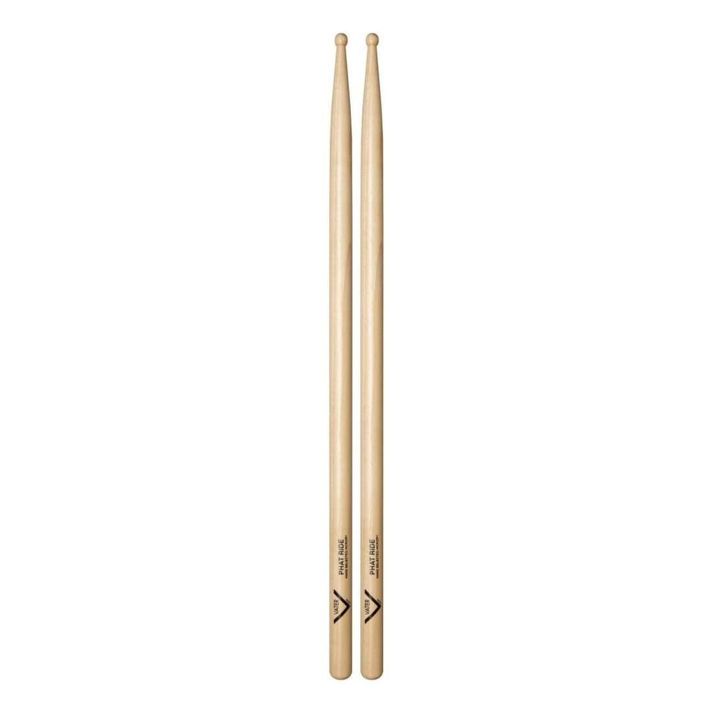 Vater Phat Ride Wood Tip American Hickory Drumsticks for drumming, featuring natural wood finish and tapered tip.