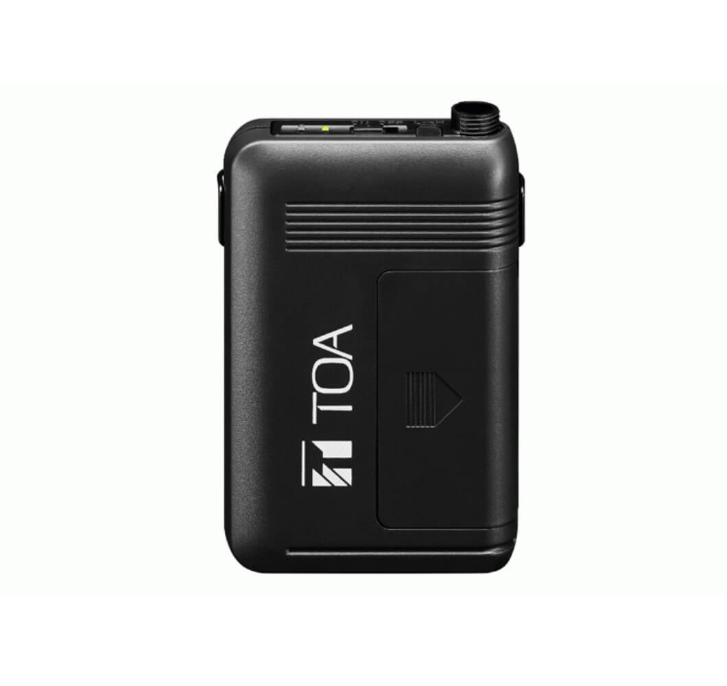TOA WM-5325 Beltpack wireless microphone receiver with adjustable controls, compact design, and antenna for professional audio use.