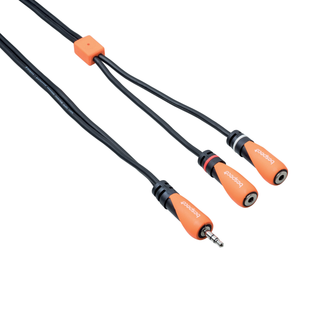 Bespeco SLYMSX050 TRS 3.5mm to 2 TRS 3.5mm audio cable, 0.5 meters long, for connecting audio devices.