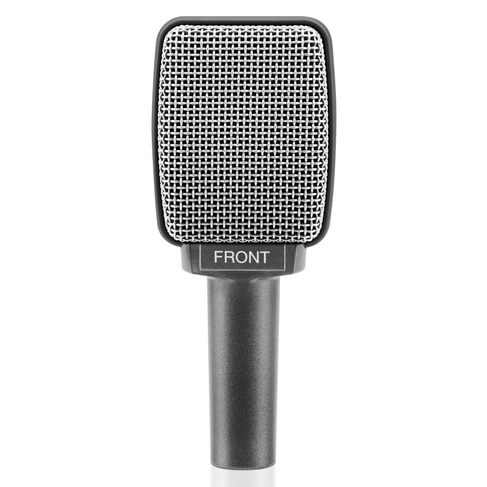 Sennheiser E609 silver wired guitar microphone for live performances, with a sleek metal body and dynamic microphone capsule