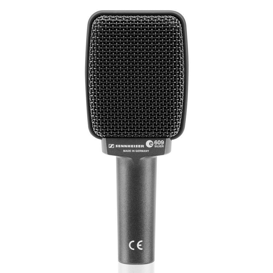 Sennheiser E609 Silver wired guitar microphone for live performances, shown in a close-up image.