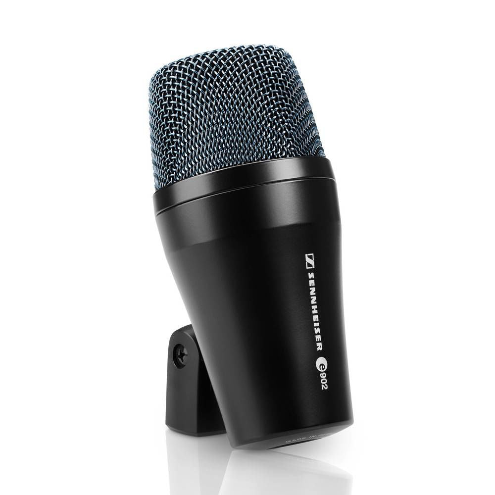 Sennheiser e902 wired instrument microphone for kick drums and bass guitar, with a sturdy metal body and dynamic capsule.
