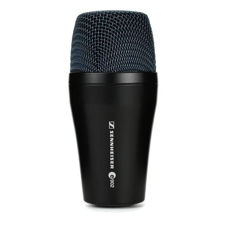Sennheiser e902 wired instrument microphone for kick drums and bass guitar, shown on a stand with cable attached.