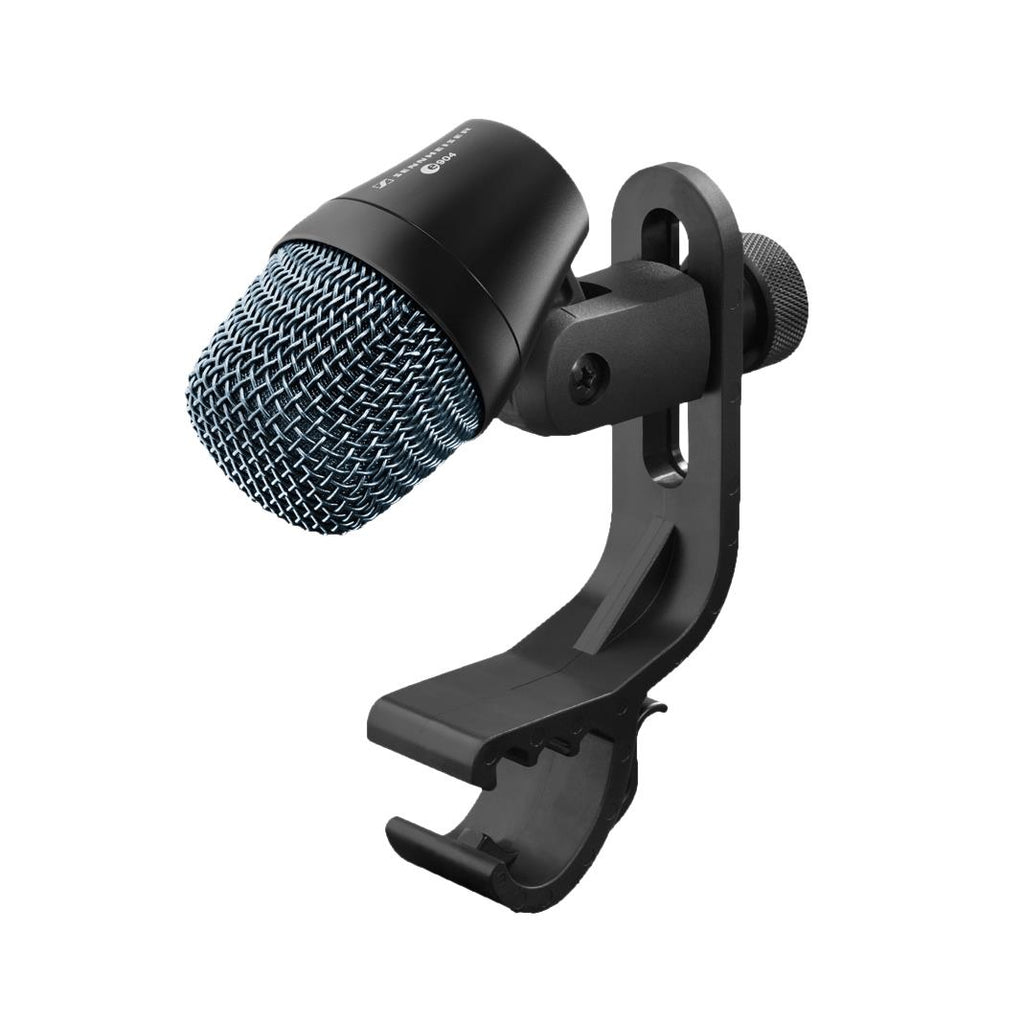 Sennheiser E904 wired instrument microphone for drums and percussion, showing the compact microphone with mounting clip.