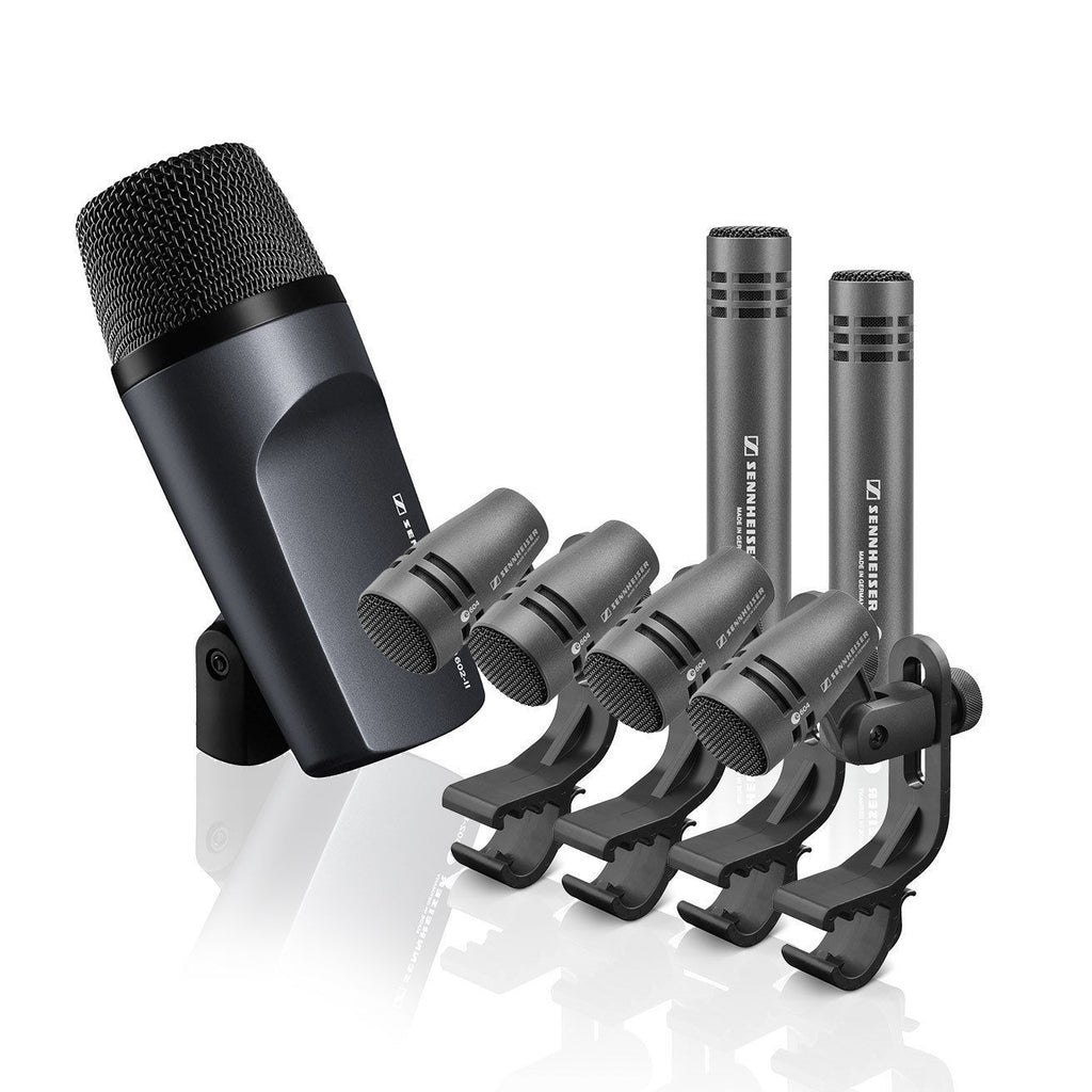 Sennheiser e600 Series wired drum microphone set with heavy-duty case for live performances and professional drumming.