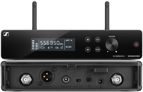 Sennheiser XSW 2-ME2-A wireless lavalier microphone system with transmitter and microphone clip for professional audio recording.