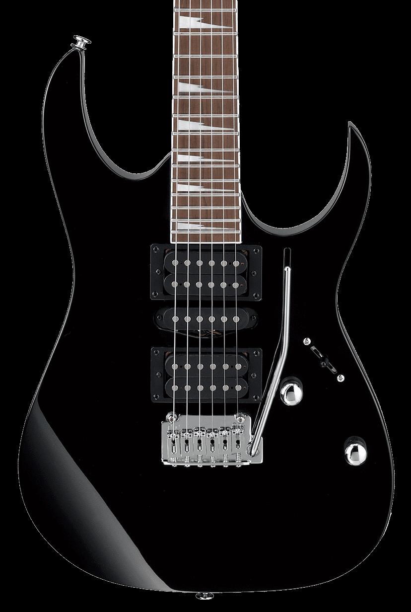 Ibanez RG170DX BKN electric guitar with a black finish, showcasing the sleek body, pickups, and maple neck design.