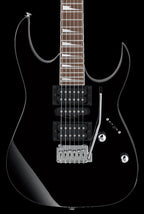 Ibanez RG170DX BKN electric guitar with a black finish, showcasing the sleek body, pickups, and maple neck design.
