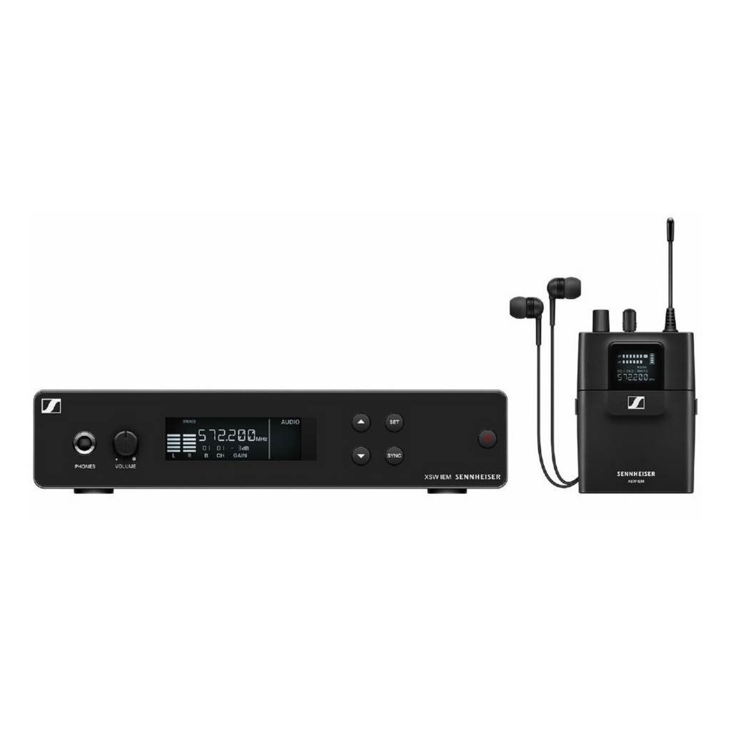 Sennheiser XSW IEM System C in-ear headphones with black earbuds and microphone, wireless audio transmitter and receiver.