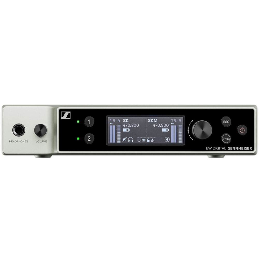 Sennheiser EW-DX EM 2 dual wireless microphone receiver with digital display and antenna connections in a professional setup